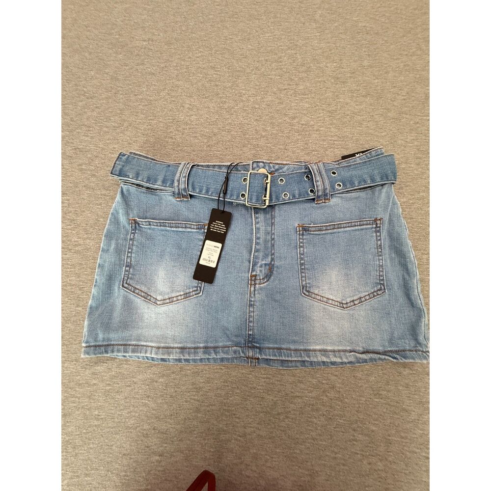 New Y2K Micro Mini Skirt Denim Cargo Belted Streetwear Rave Light Wash XL